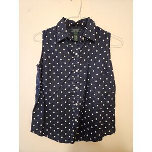 VTG Lauren Ralph Lauren Blue Polka Dot Linen Sleeveless Button Up, Size P/M